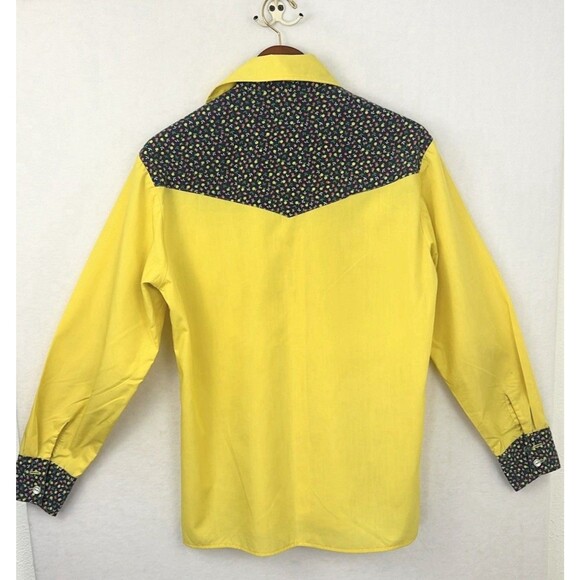 Vintage Retro Western Button Down Shirt Yellow Blue Ditzy Floral Single Stitch - Picture 5 of 12
